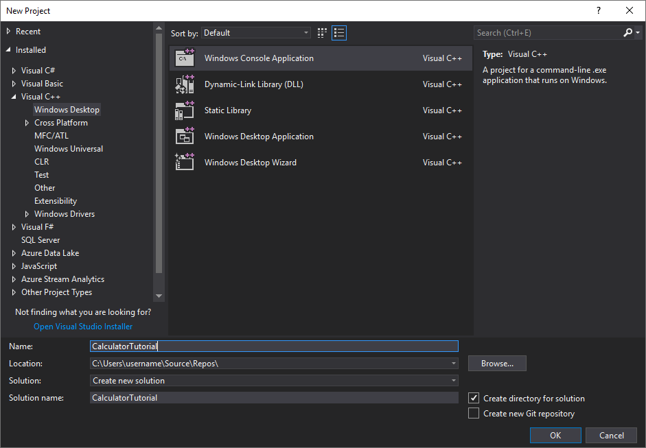 Captura de pantalla del cuadro de diálogo Nuevo proyecto. Se selecciona el tipo de proyecto Aplicación de consola de Windows. Cuadro de texto Nombre establecido en CalculatorTutorial.