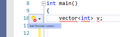Captura de pantalla de un error y la corrección rápida propuesta para # incluir vector.