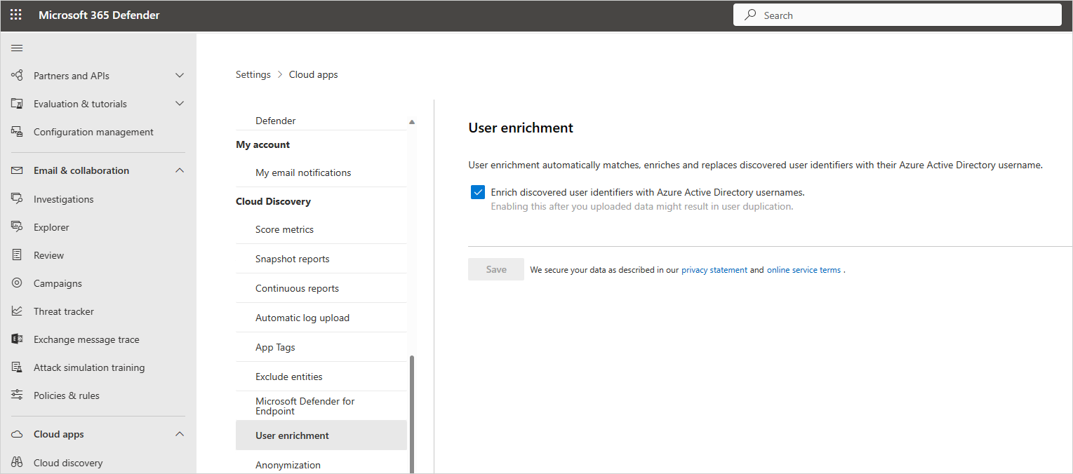 Enrich Defender for Cloud Apps Discovery with Azure AD usernames.