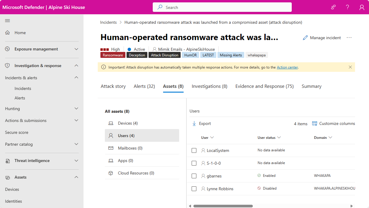 Captura de pantalla de la página Usuarios de un incidente en el portal de Microsoft Defender.