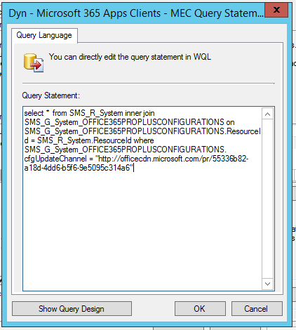 Captura de pantalla del Asistente para Configuration Manager que muestra el editor de consultas.