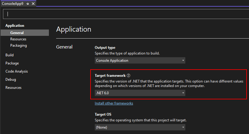 Edición de las propiedades del proyecto de Visual Studio y establecimiento de la versión de .NET Framework.