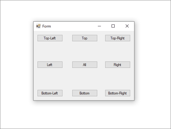 Animación que muestra cómo cambia el tamaño de un formulario Windows con botones delimitados en todas las posiciones.