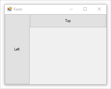Formulario Windows Forms con botones acoplados a la izquierda y a la parte superior, donde la izquierda es mayor.