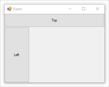 Formulario Windows Forms con botones acoplados a la izquierda y a la parte superior, donde la parte superior es mayor.
