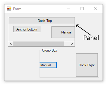 Formulario Windows Forms con un panel y un cuadro de grupo.