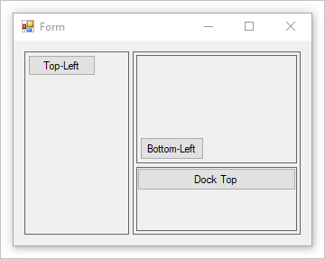 Formulario Windows Forms con un contenedor dividido anidado.