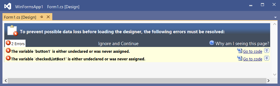 Página de errores del Diseñador de Windows Forms