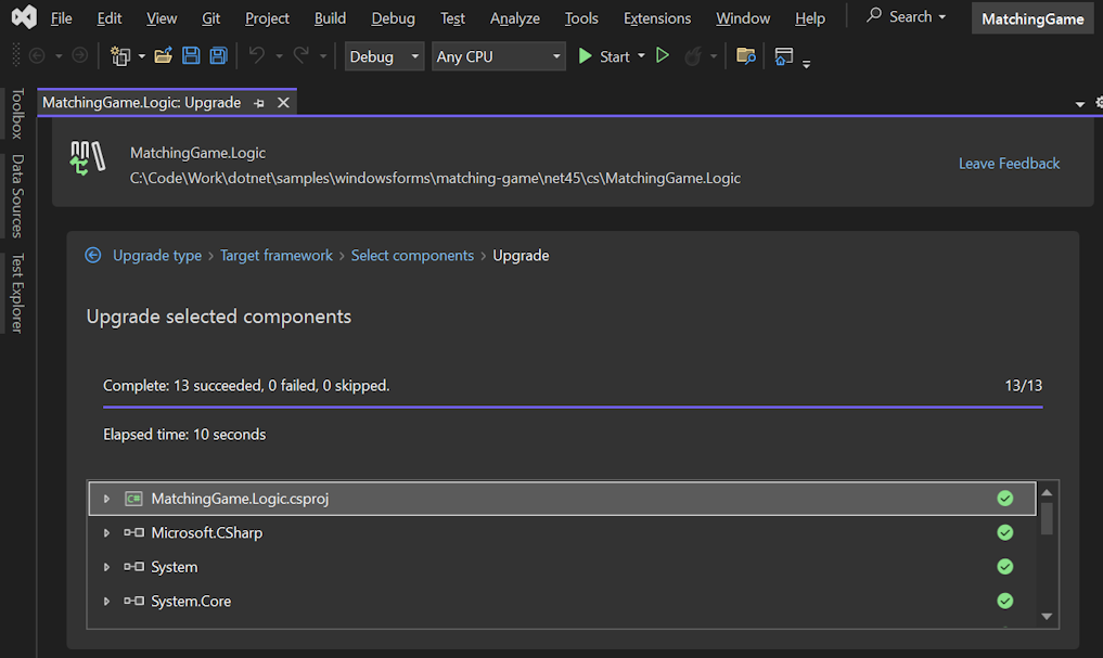 Captura de pantalla de la pestaña resultados de actualización del Asistente para actualización de .NET, en la que se muestran los elementos migrados del proyecto.