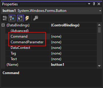 Ventana de propiedades de Visual Studio que resalta las propiedades Command y CommandParameter de un botón de Windows Forms.
