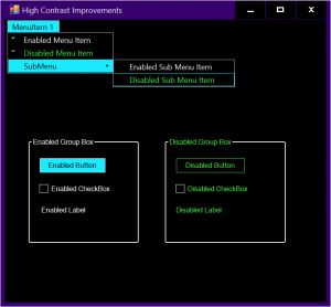 Captura de pantalla de una aplicación que usa distintos controles que se ejecutan en el modo de alto contraste después de las mejoras de accesibilidad.