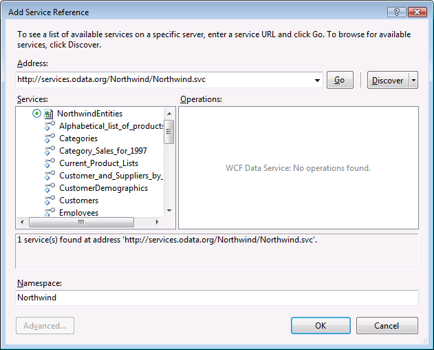 Screenshot that shows the Add Service Reference dialog.