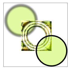Ilustración de un dibujo compuesto que muestra un cuadrado lleno de rodajas de kiwi superpuestas a un borde negro, círculo verde en la parte superior izquierda con un borde negro, círculo verde superpuesto en la parte inferior derecha. Se han aplicado efectos de mapa de bits y una máscara de opacidad que distorsionan el dibujo original.