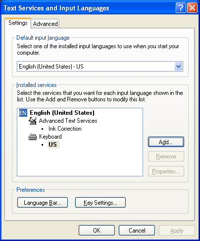 Cuadro de diálogo Servicios de texto e idiomas de entrada.