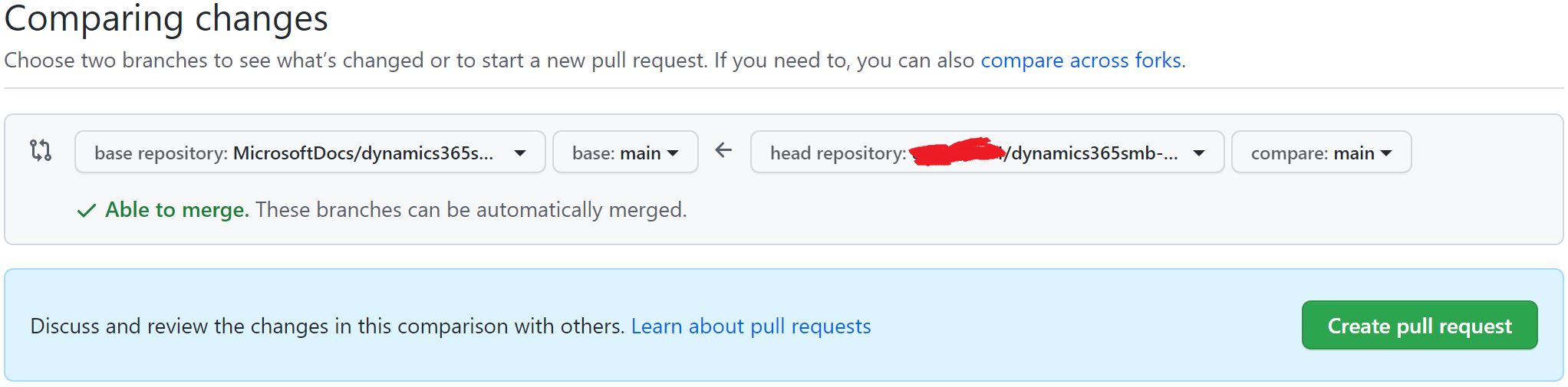 The start of a pull request with fork on the right and target to the left.