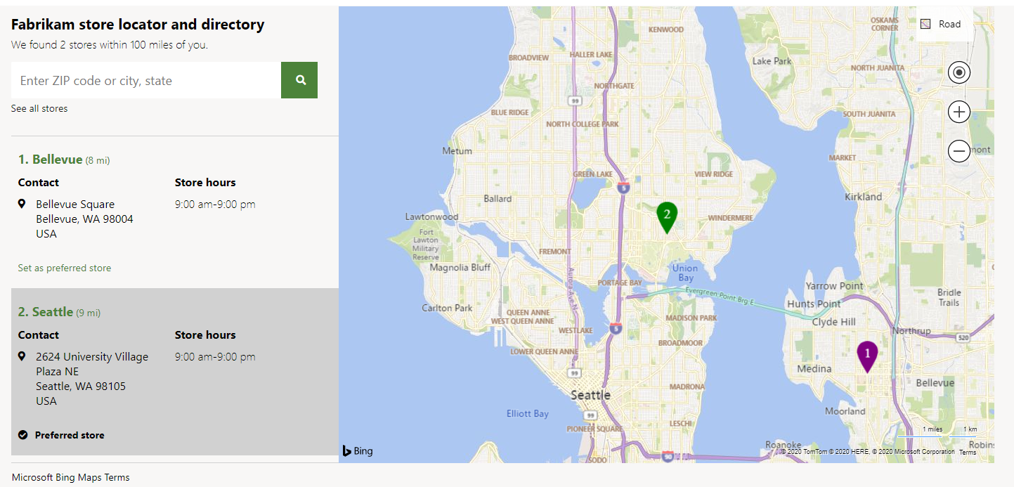 Ejemplo de un módulo selector de tienda y un módulo de mapa en una página de ubicaciones de tiendas.