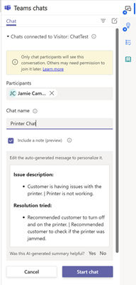 Captura de pantalla que muestra la casilla de verificación Incluir una nota en el panel de chats de Teams.