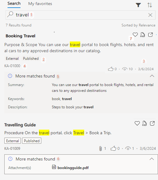 Captura de pantalla que muestra una búsqueda directa de un artículo de conocimiento en Knowledge Search en servicio al cliente Hub.