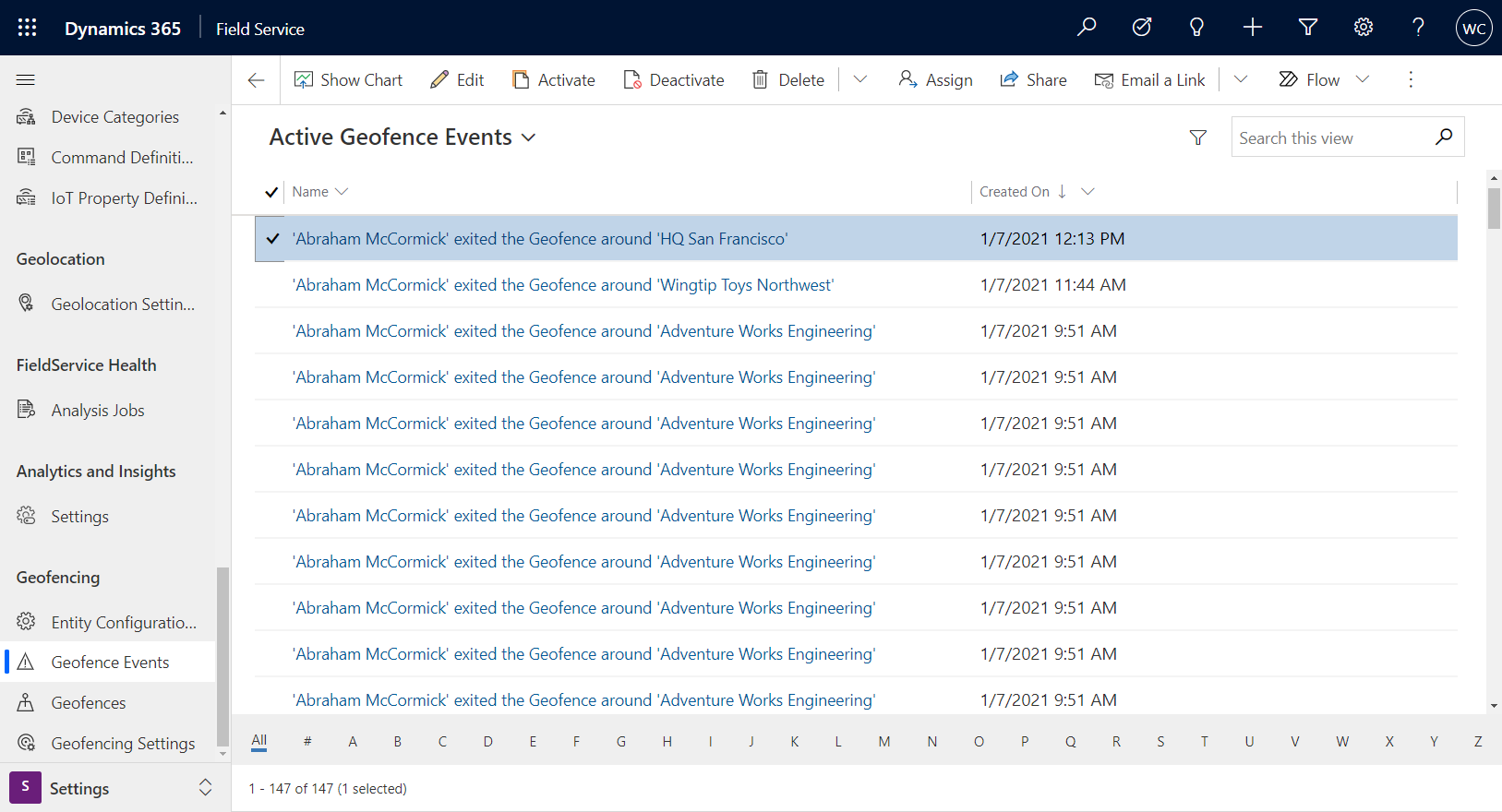 Captura de pantalla de Field Service mostrando una lista de eventos de geovallas.
