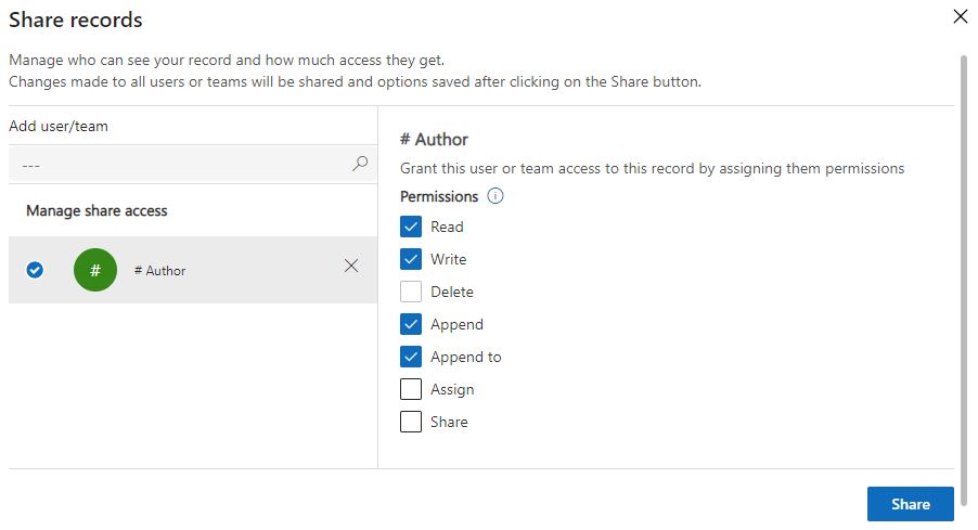 Captura de pantalla que muestra Administrar acceso compartido para seleccionar permisos para compartir una guía