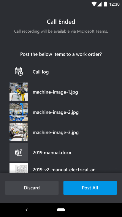 Screenshot of Dynamics 365 Remote Assist on a mobile device showing the list of items in the call log after the call has ended.