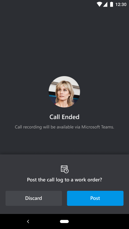 Screenshot of Dynamics 365 Remote Assist on a mobile device showing the end of a call, with the option to post the call log to a work order.