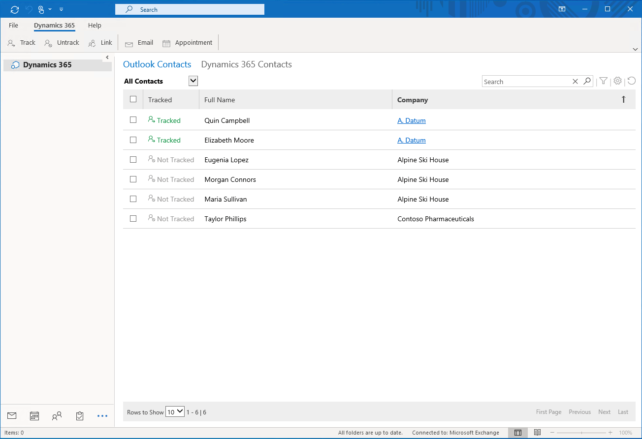 Demostración de cómo vincular un contacto de Outlook a una fila en la aplicación.