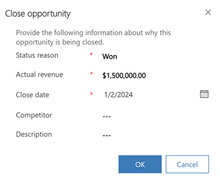 Captura de pantalla del formulario Cerrar oportunidad que aparece cuando selecciona Cerrar como ganada