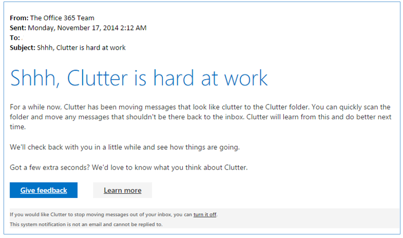 Imagen de la notificación enviada por Clutter que pide comentarios a los usuarios.