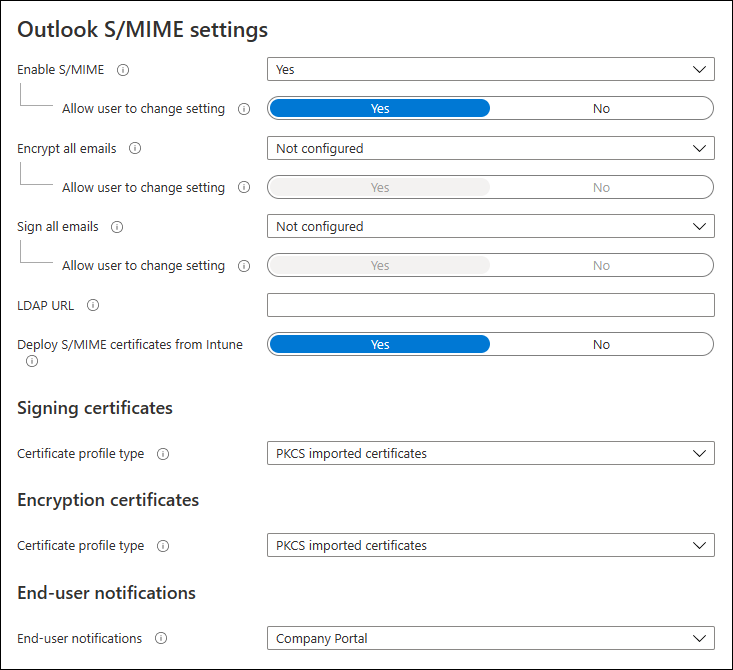 Captura de pantalla que muestra la configuración de S/MIME de Outlook.