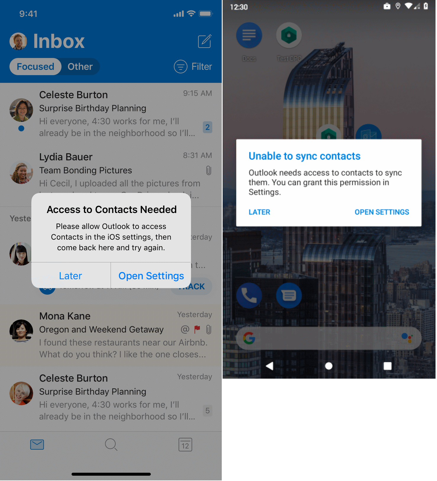 se pide al usuario que permita que Outlook acceda a la aplicación de contactos nativa.