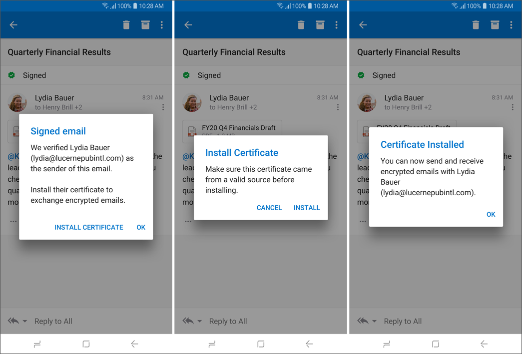 Capturas de pantalla de la instalación de clave pública de Outlook para Android.