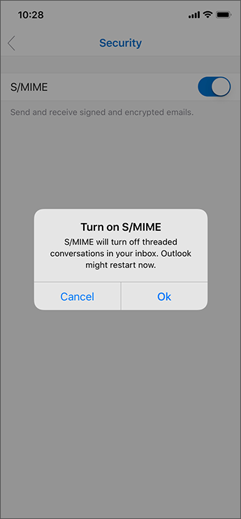 Captura de pantalla que muestra el cuadro de diálogo de conversación en subprocesos de Outlook para iOS.