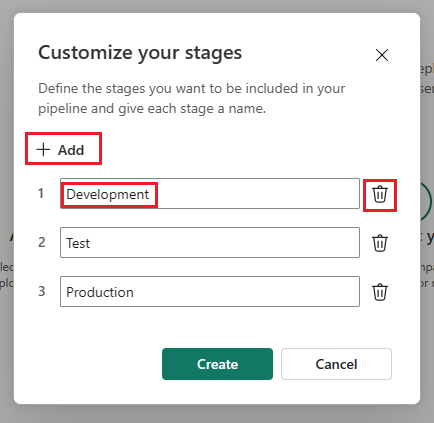 Captura de pantalla del cuadro de diálogo Personalizar canalización. Las opciones Agregar y eliminar se describen, así como el nombre de la fase de desarrollo.