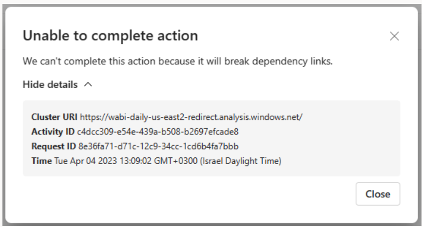 Captura de pantalla del mensaje de error cuando la actualización interrumpiría el funcionamiento de las dependencias.