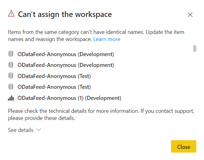 Captura de pantalla del mensaje de error *No se puede asignar el área de trabajo* en las canalizaciones de implementación.
