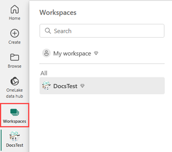 Screenshot of the left menu of UI that shows the dropdown menu of the icon titled workspaces. The workspaces icon is highlighted.