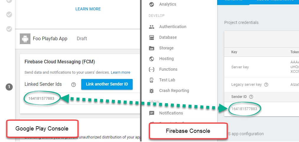 Google Play Console - Firebase Console - match sender ID