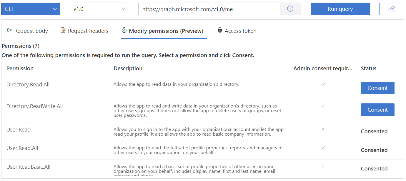 Captura de pantalla del Explorador de gráficos con los pasos para dar consentimiento a los permisos resaltados
