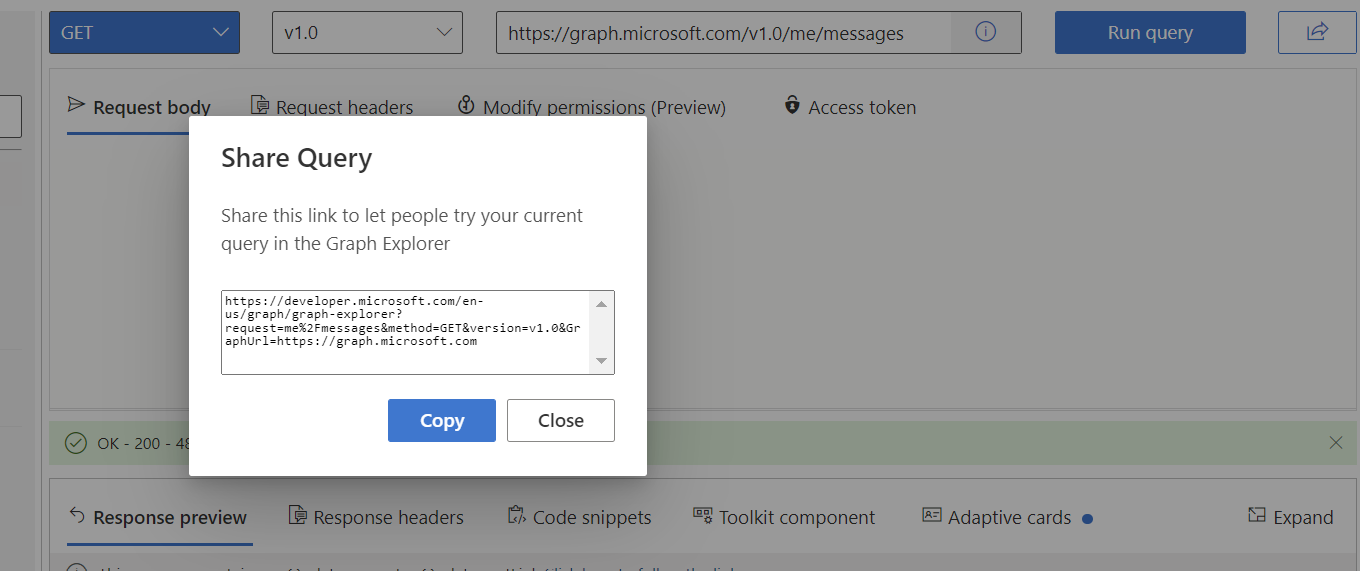 Captura de pantalla del Explorador de gráficos con las opciones Compartir y copiar resaltadas