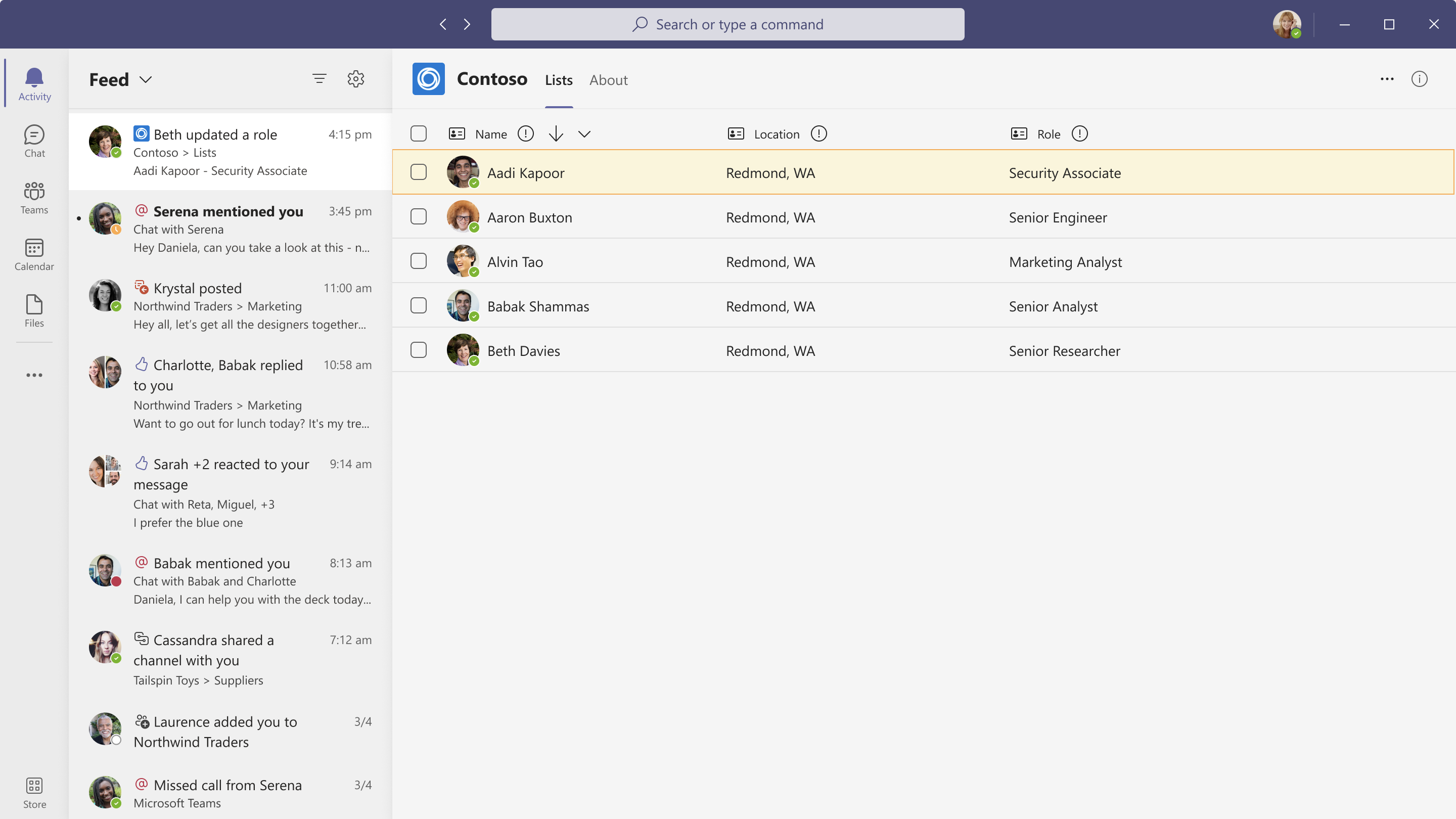 Captura de pantalla de una aplicación de Teams que muestra la vista de notificación de fuente de actividad.