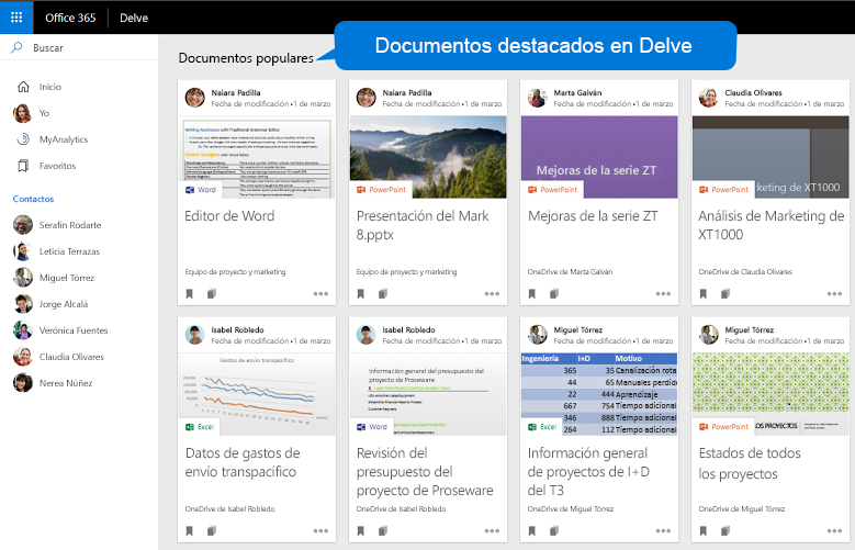 Captura de pantalla de Delve en Microsoft 365 donde se muestran los documentos populares para un usuario