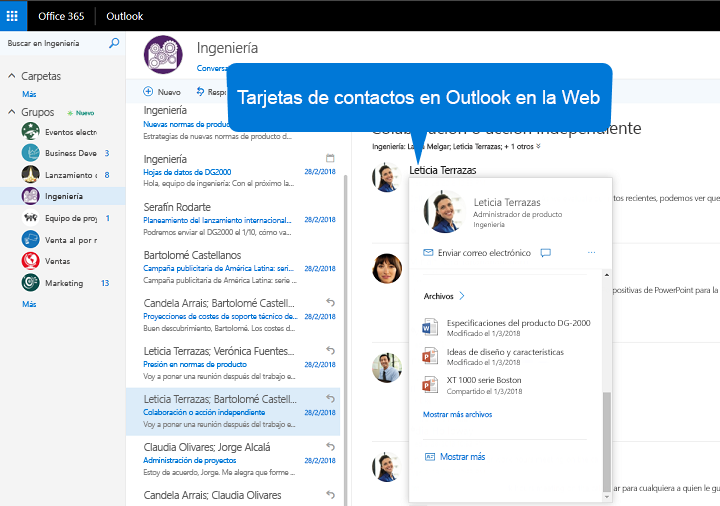 Captura de pantalla de una tarjeta de contactos de un usuario en Outlook en la Web, donde se muestran archivos recientes