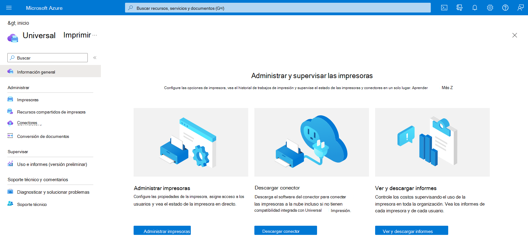 Captura de pantalla de la página principal de Impresión universal de Azure Portal