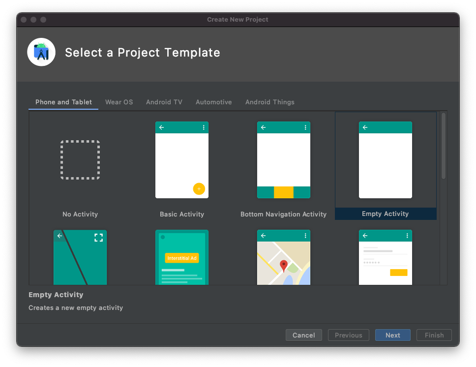 Captura de pantalla del cuadro de diálogo Crear Project en Android Studio