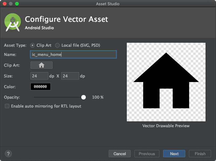 Captura de pantalla de la ventana Configurar activos vectoriales