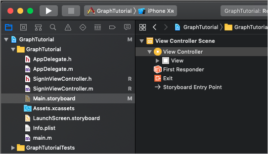 Captura de pantalla de Xcode con el controlador de vista seleccionado