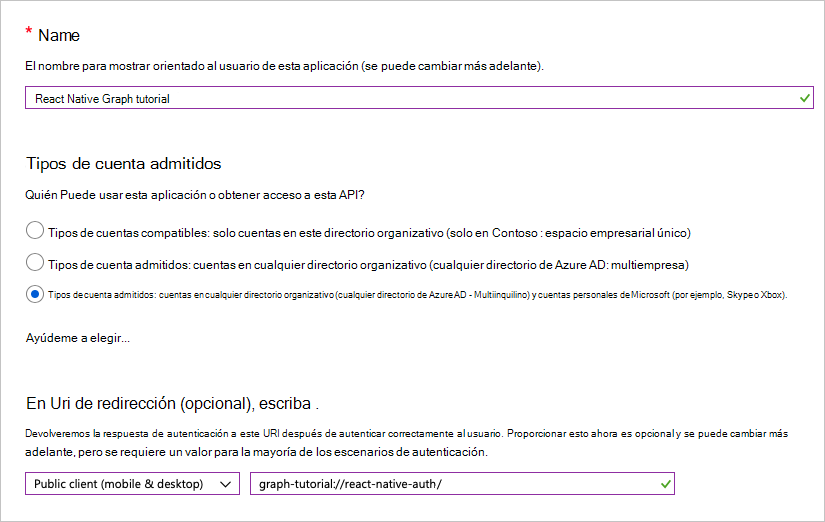 Captura de pantalla de la página Registrar una aplicación