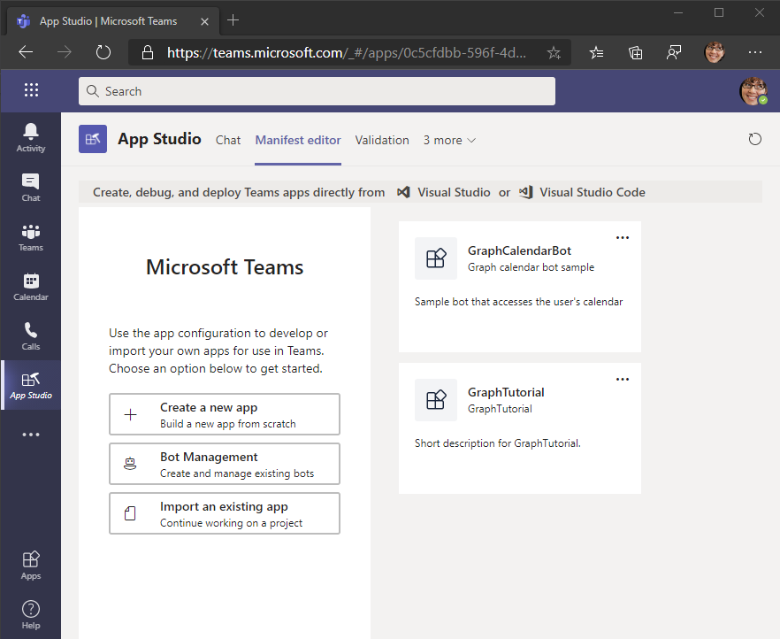 Captura de pantalla del editor de manifiestos en App Studio en Microsoft Teams