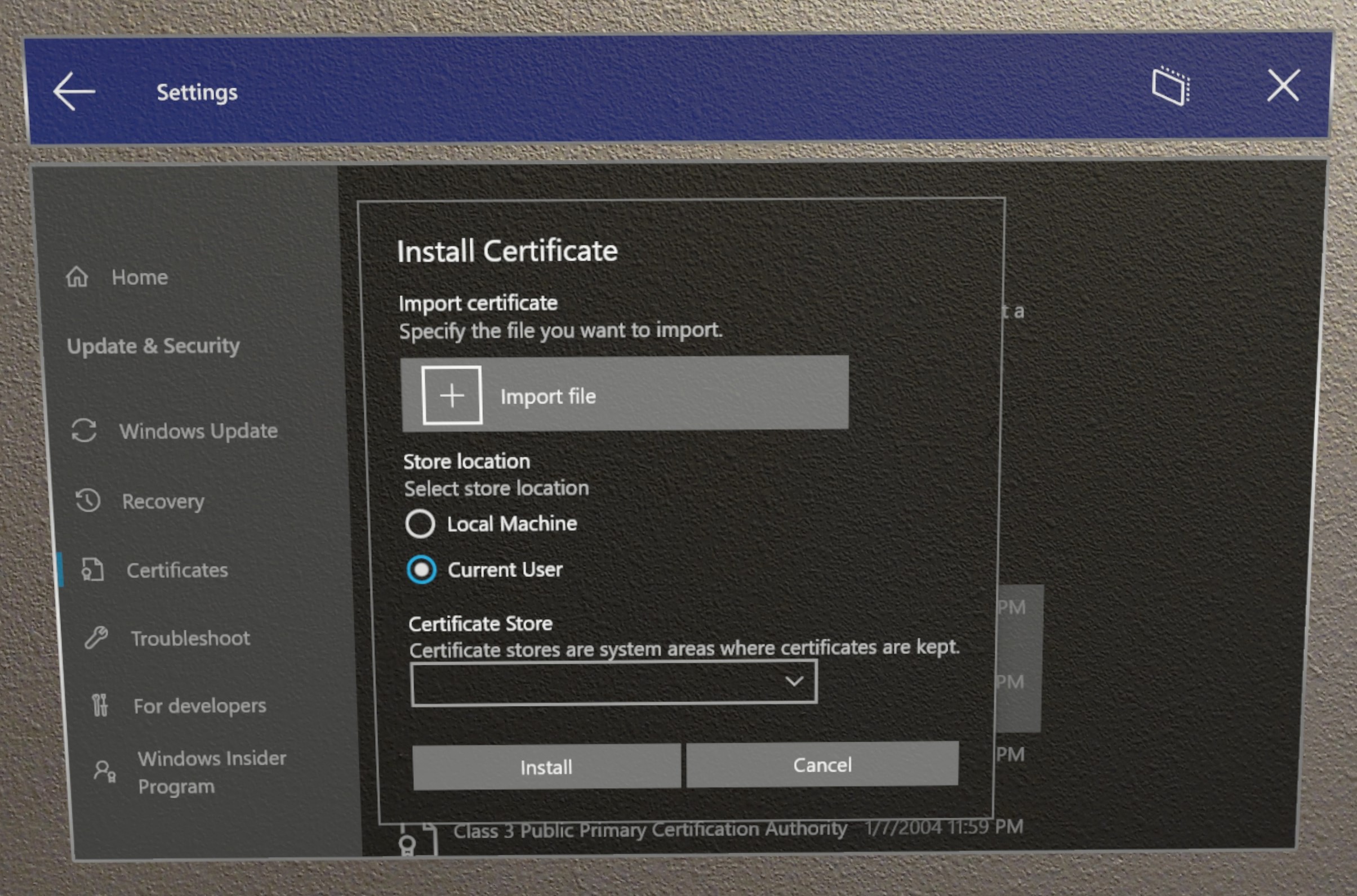 Imagen que muestra cómo usar la interfaz de usuario del certificado para instalar un certificado en Configuración.